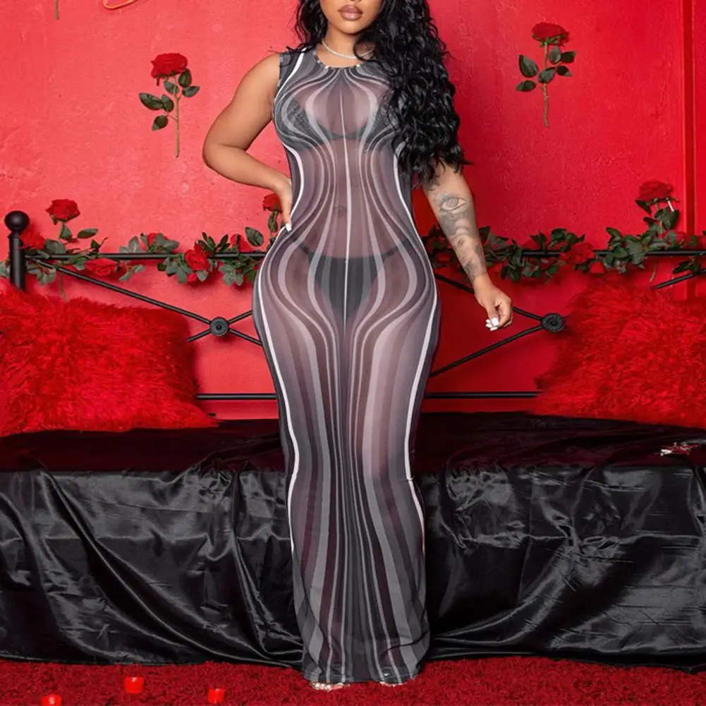 

Сексуальное женское облегающее платье, тонкое платье с высокой талией, прозрачное Сетчатое сексуальное длинное платье без рукавов для пляв...