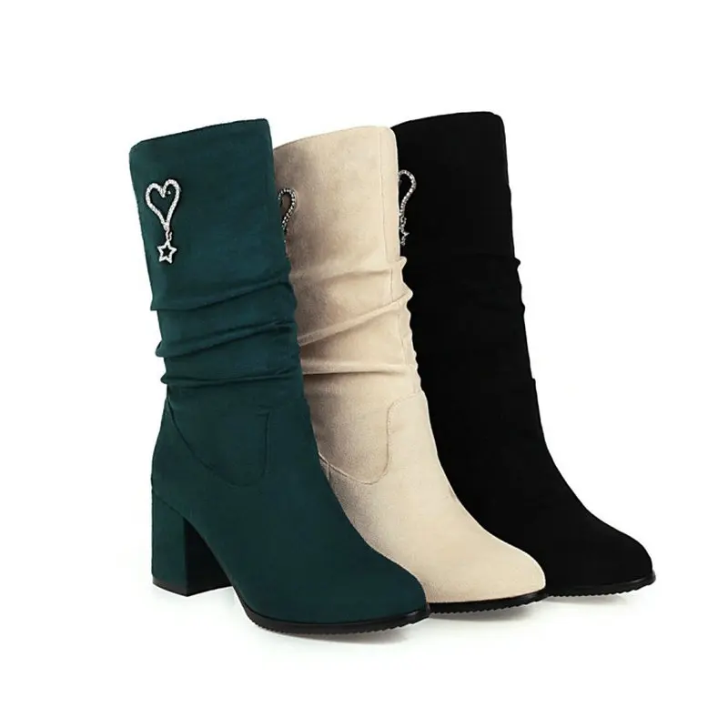 Женские Плиссированные сапоги QPLYXCO зеленые бежевые до середины икры из флока на