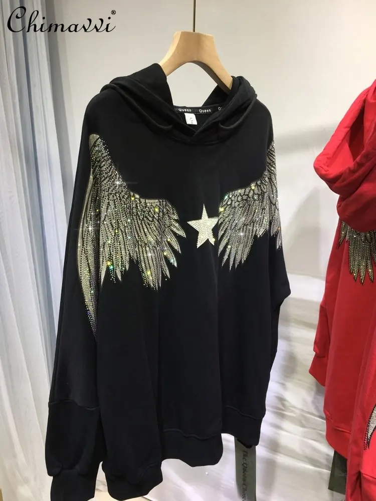 

European Wings Sweatshirts Heavy Hot Drilling Front and Rear Full Diamond Long Sleeve Hooded Autumn Winter New Fashion Outwear