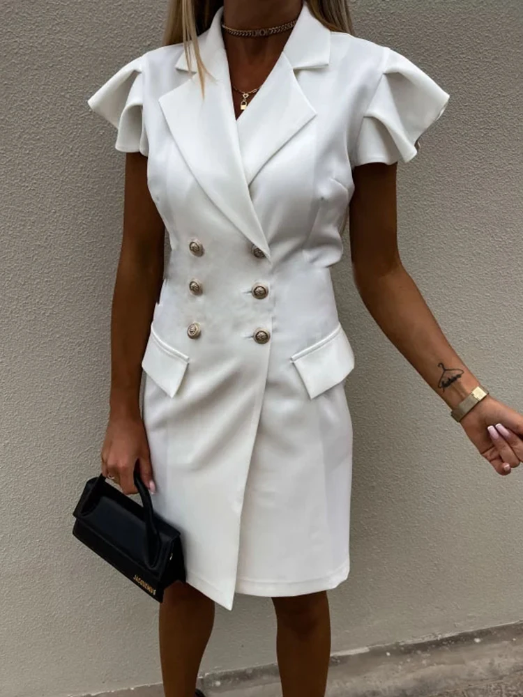 Elegant Solid Suit Blazer Dress Office Lady Casual Double-breasted Tunic Belt Mini Dresses Women Fashion Long Sleeve Party Dress