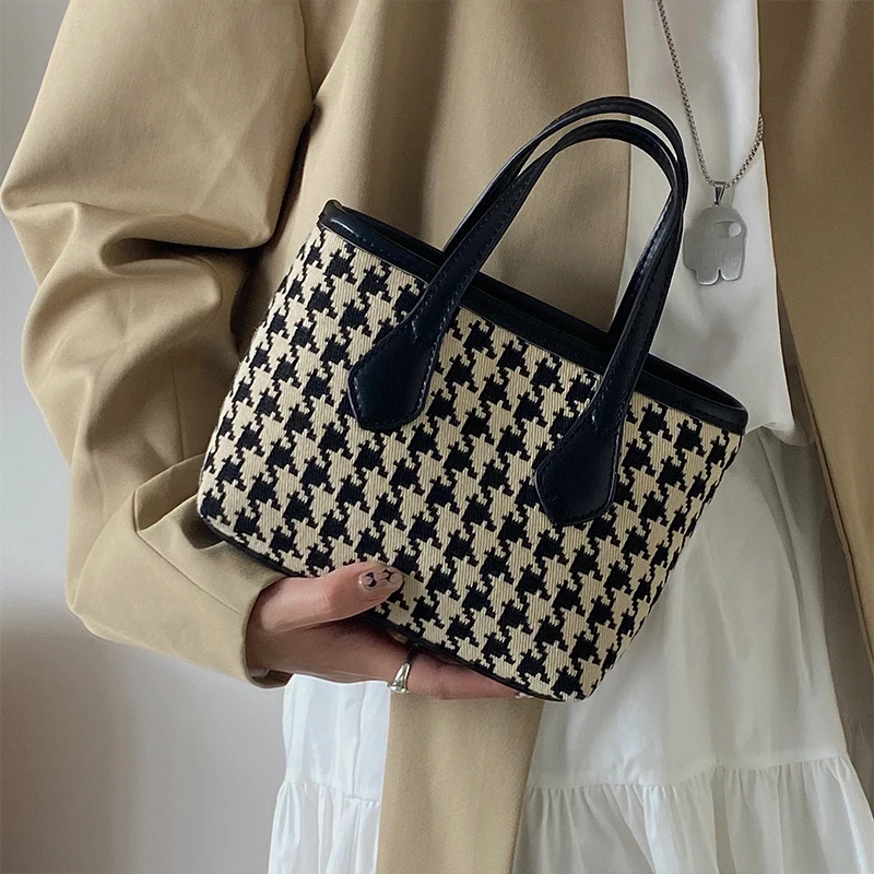 

Retro Canvas Crossbody Bag 2023 New Women's Fashion Houndstooth Zipper Shoulder Bag Casual Versatile High Street Handbag Trend