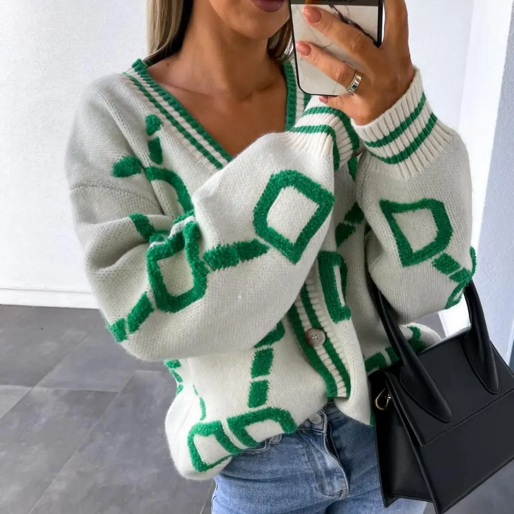 

Sweater Coat Windproof Cold Resistant Skin-Touch Autumn Winter Striped Pattern Buttons Placket Loose Sweater Cardigan