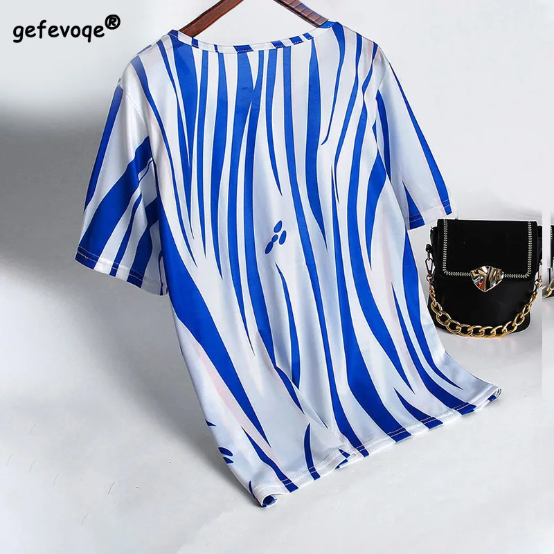 Купи Summer New Short Sleeve T-shirts O-neck Blue Striped Print Loose Oversize Tops Free Shipping Casual Comfortable Women's Clothing за 662 рублей в магазине AliExpress