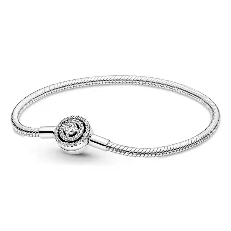 

925 sterling Silver New halo circle full of diamond snake bone chain Bracelet fits Pandora charm beads DIY making gifts