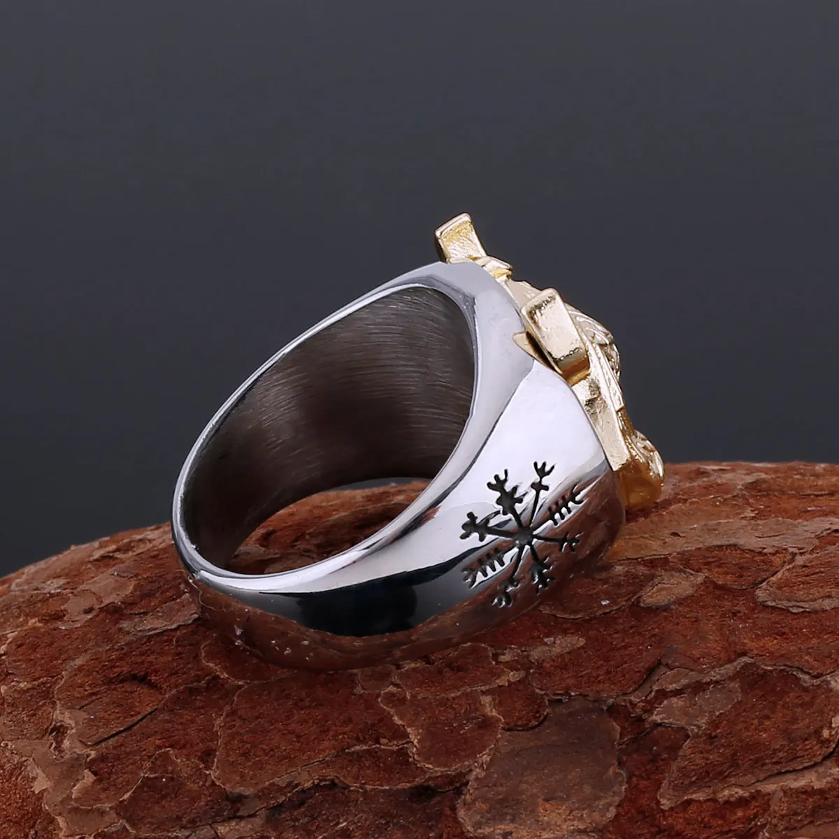 Викинг креативный дизайн золотого цвета кольцо с рунической головой волка