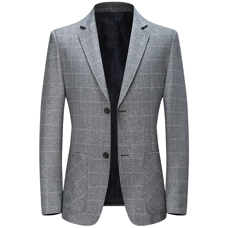 

HOO 2022 Men's Plaid Suit New Slim Fit Business Brushed Double Button blazer