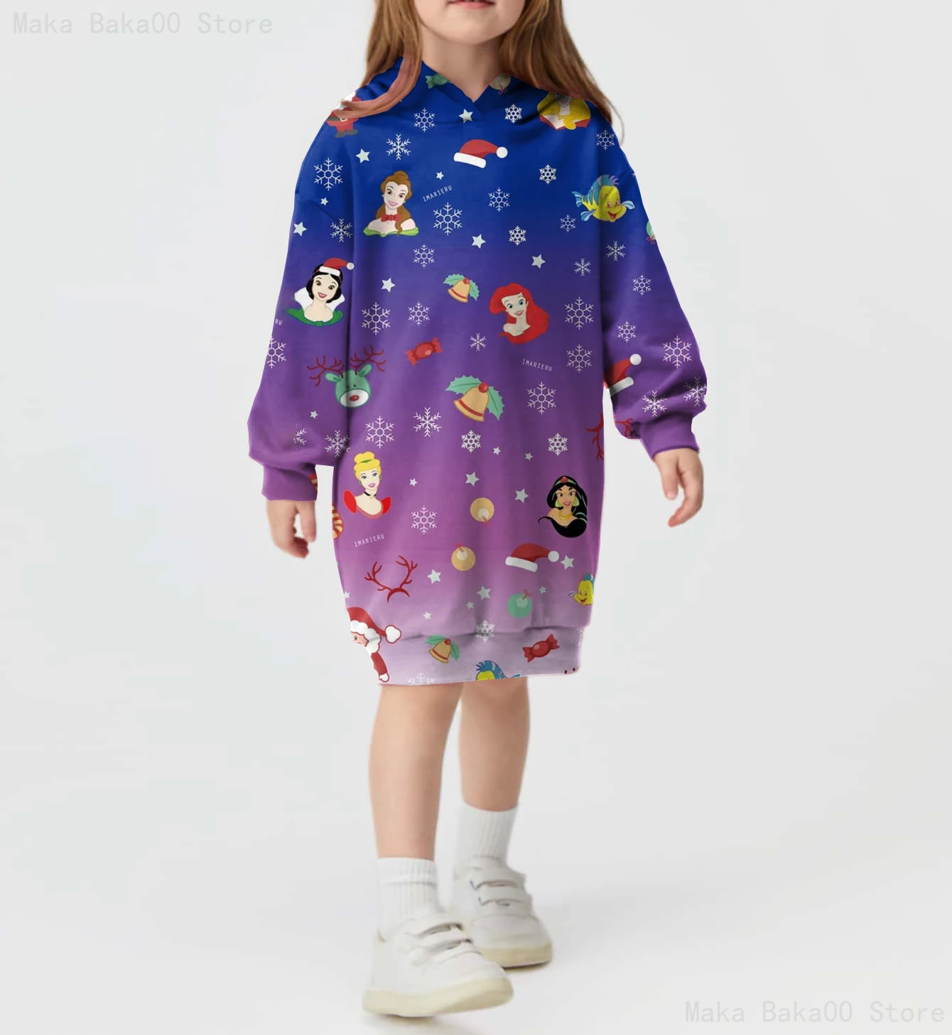 

New Disney Christmas Mickey Mouse Printed Hooded Sweatshirt Dress Casual Cartoon Party Dress Warm Girls Children's Sweatshirt