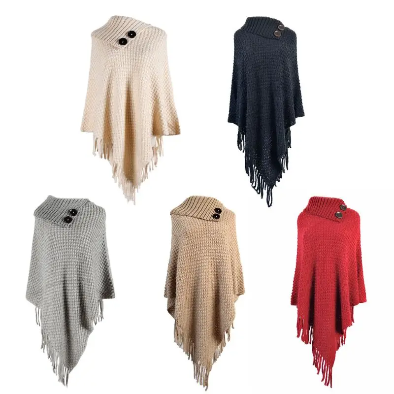 

50JB Women Knitted Pullover Sweater Top Half Opened Collar Buttons Warm Shawl Wrap Fringe Tassels Hem Solid Color Poncho Cape