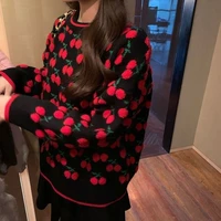 2021 autumn and winter new retro cherry jacquard round neck pullover sweaters women loose knitwear long sleeve padded sweater