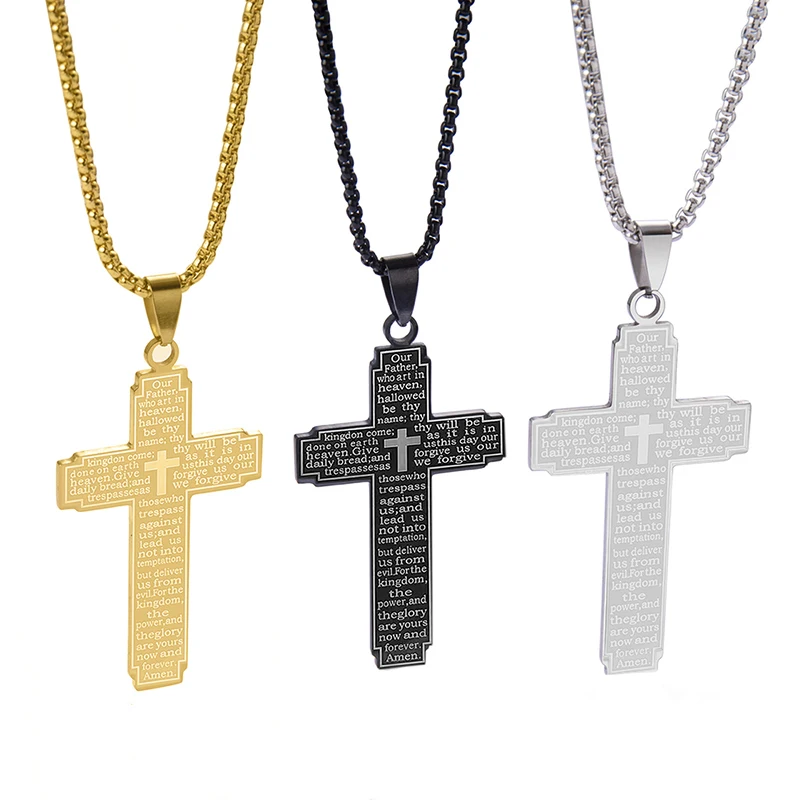 Stainless Steel  The Lords Prayer Cross Pendant Necklace Christian Bible Scripture Jewelry Christmas Gifts