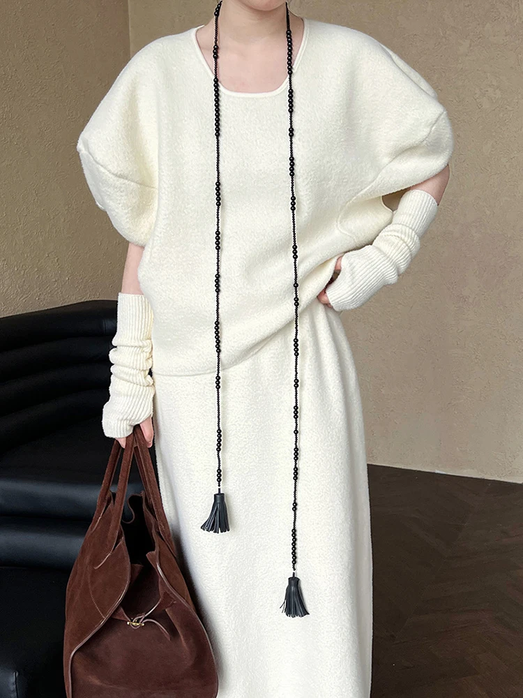 LANMREM Элегантный вязаный комплект женский пуловер с круглым вырезом и рукавами +