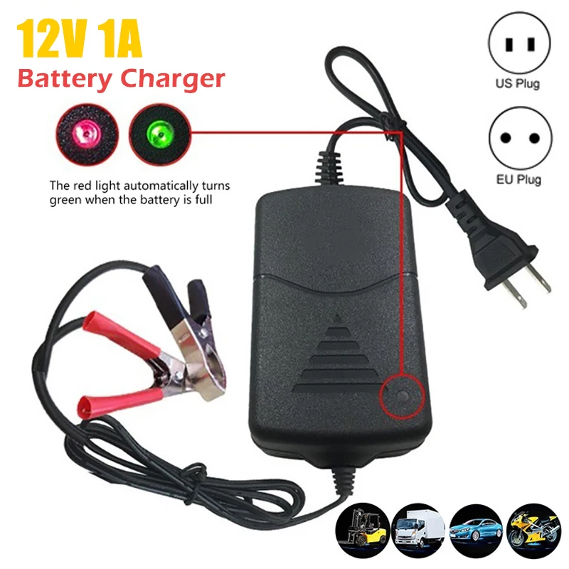 12V 1A Universal Battery Charger with Double Line Alligator Clips,for Car Truck Motorcycle (US/EU Plug)