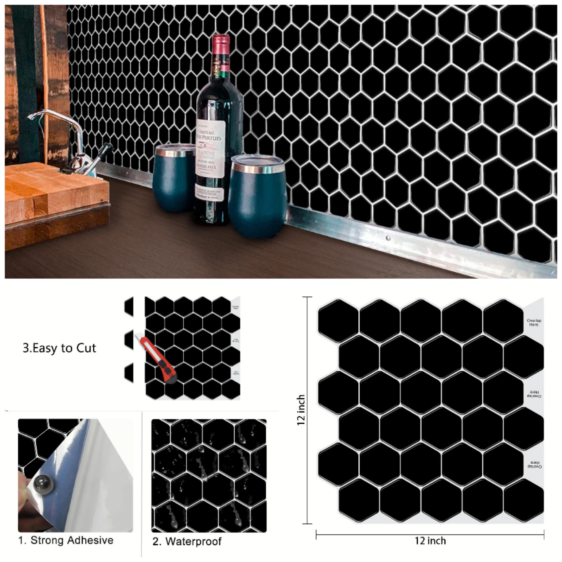 

3D Black with White Grout Hexagon Self-adhesive Wall Sticker Waterproof Peel and stick Backsplash Kitchen Tile DIY Wallpaper