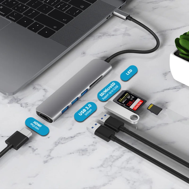 

USB-концентратор с портом Type-C, USB 3,1 на HDMI, 4K, Thunderbolt 3, концентратор USB C с концентратором 3,0, кардридер TF, SD, слот PD для MacBook Pro/Air/Huawei Mate