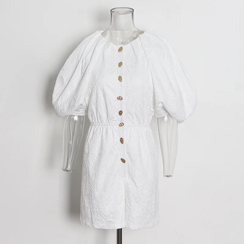 Women's Bishop Sleeve High Waisted Buttoned Rompers - Round-Neck, Loose Fit, White