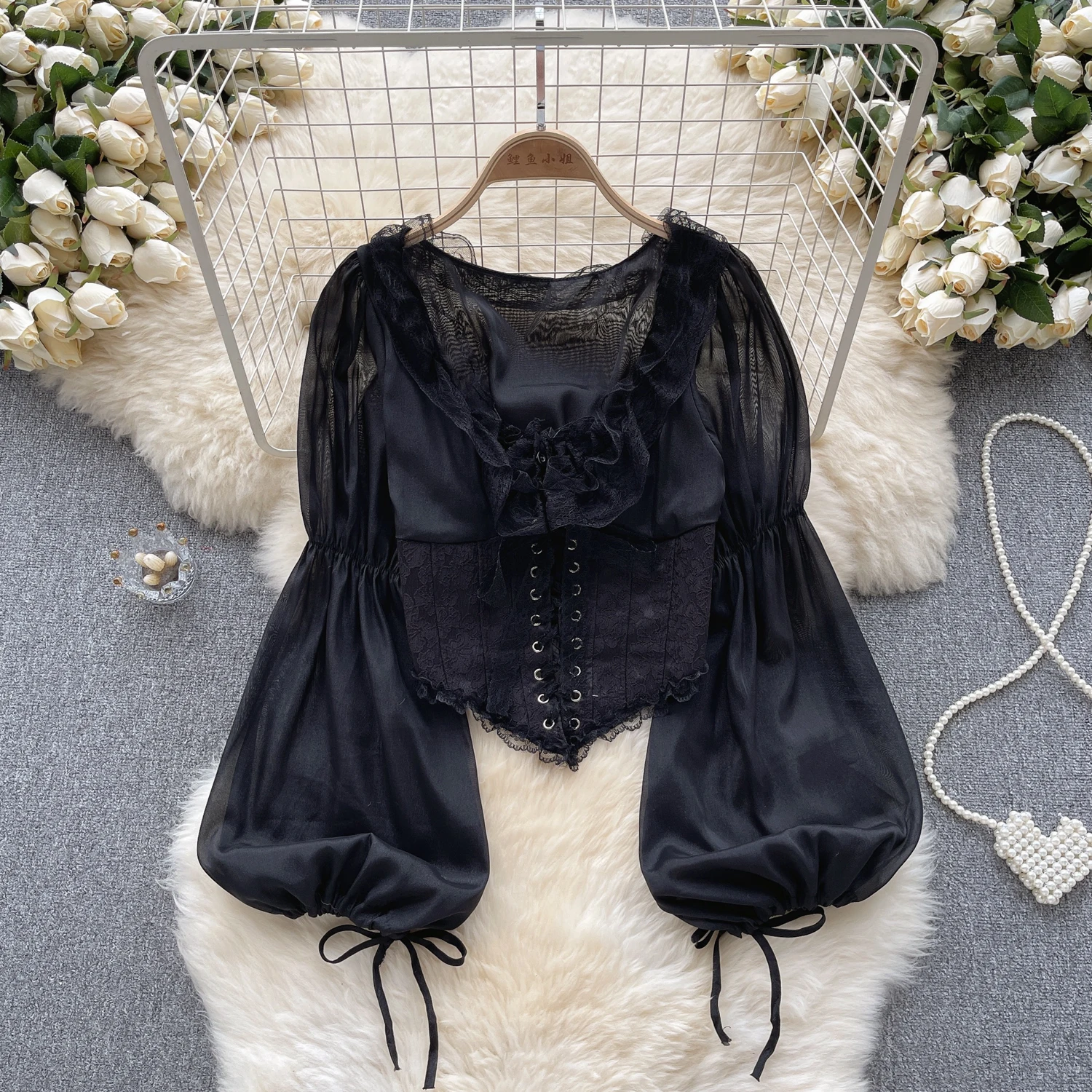 Женская кружевная сетчатая блузка с рукавами-фонариками и v-образным вырезом