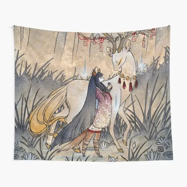 

The Wish Teakitsune Fox Yokai Tapestry Room Blanket Mat Yoga Hanging Beautiful Decor Art Colored Decoration Living Home Printed