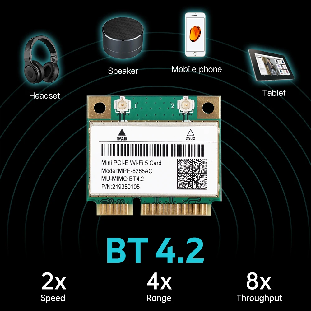 Фото WiFi 5 MPE-8265AC MINI PCI-E WIFI-карта, двухдиапазонная, 2,4G/5 ГГц, BT 4,2, 1200 Мбит/с, 802.11AC, сетевая карта Wlan для ноутбуков с Windows 7/8/10 №4