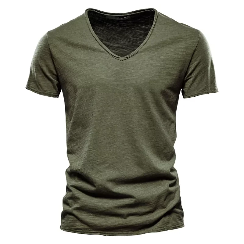 

2023NEW New Summer V-neck T-shirt Men 100% Combed Cotton Solid Short Sleeve T Shirt Men Fitness Undershirt Male Tops Tees