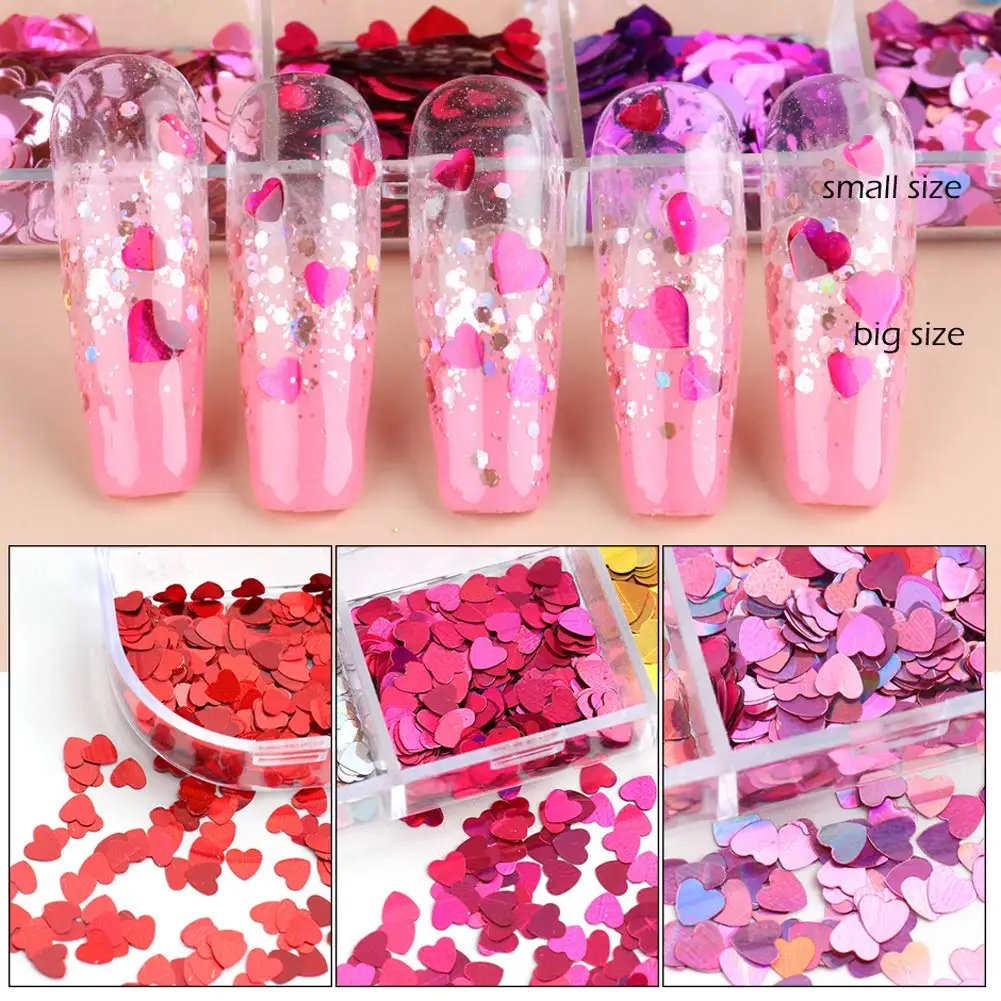 

Laser Heart Nail Glitter Sequin 12 Boxes 3D Nail Art Flake Holographic Nail Foil Chips Laser Mirror Valentine Manicure