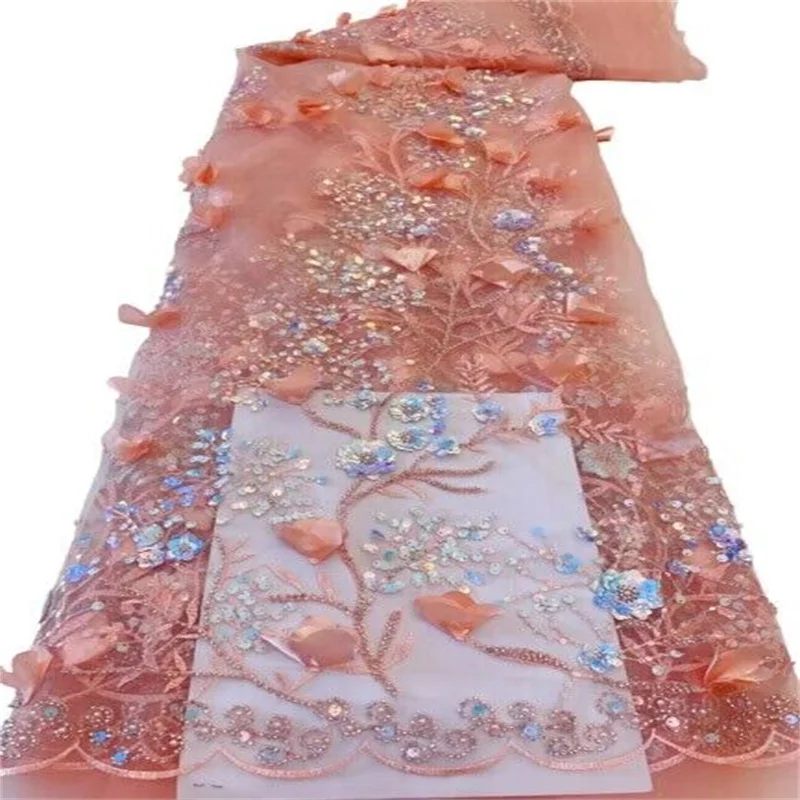 Розовые, новейшие, великолепные, 3D цветы, африканские бусины ручной работы, кружева, ткани, роскошная нигерийская фототкань для стандартного платья Розовые, новейшие, великолепные, 3D цветы, африканские бусины ручной работы, кружева, ткани, роскошная нигерийская фототкань для стандартного платья