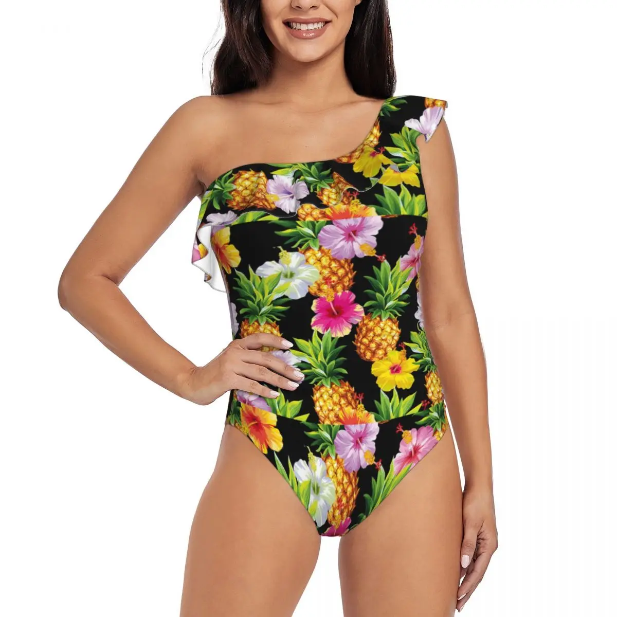 

Pineapple Floral Women's Sexy Ruffle One Piece Off Shoulder SwimsuitsRetro Bathing