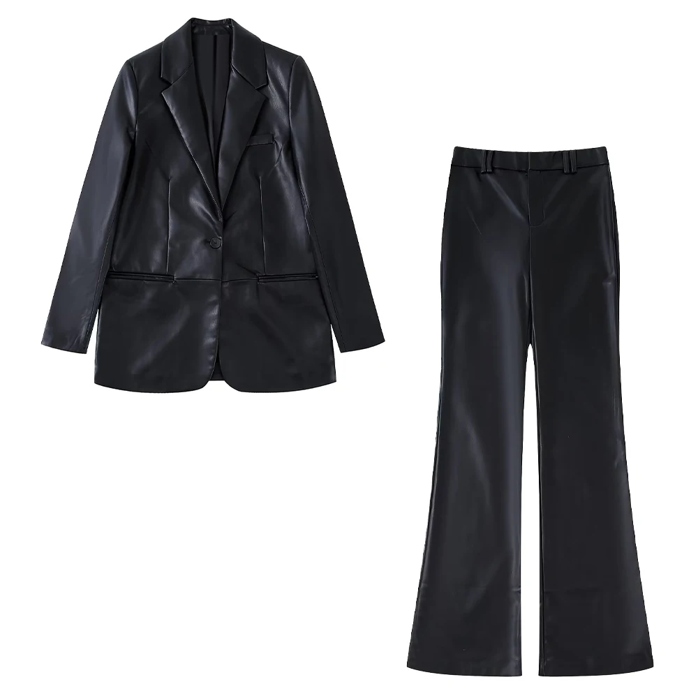 

Two-piece Women's Clothing 2022 Fashion New Faux Leather Neutral Wind Suit Jackets Temperament Office Retro Female Chic Blazer