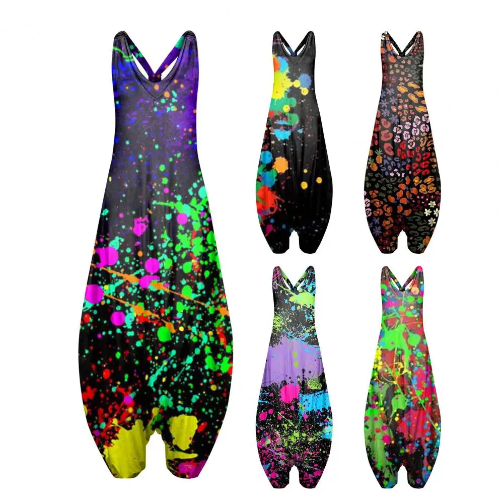 

Vintage Women Jumpsuit Casual Wide Leg Suspenders Lady Summer Jumpsuit Ethnic Print Sleeveless Sling Harem Lady Jumpsuit