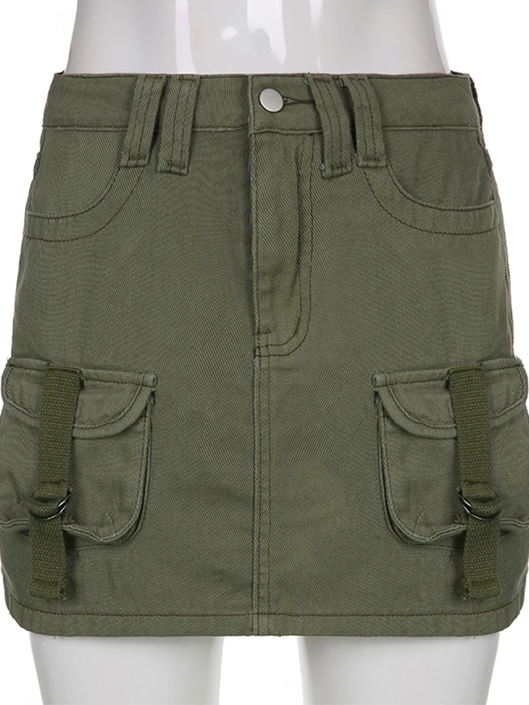 Джинсовая юбка-карго IAMHOTTY в стиле ретро с карманами и пряжкой зеленые джинсовые