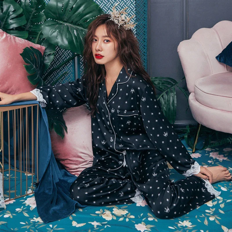 FALLINLAOE Print Fashion Women Pajama Set Sweet Lace Cuff Trousers Long Sleeve Suit Pyjamas