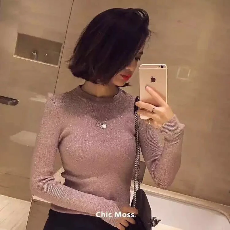 

2022 Womens Sweaters Solid Shiny Lurex Autumn Winter Sweater Women Long Sleeve Pullover Tops Basic Christmas Sweater Pull Femme
