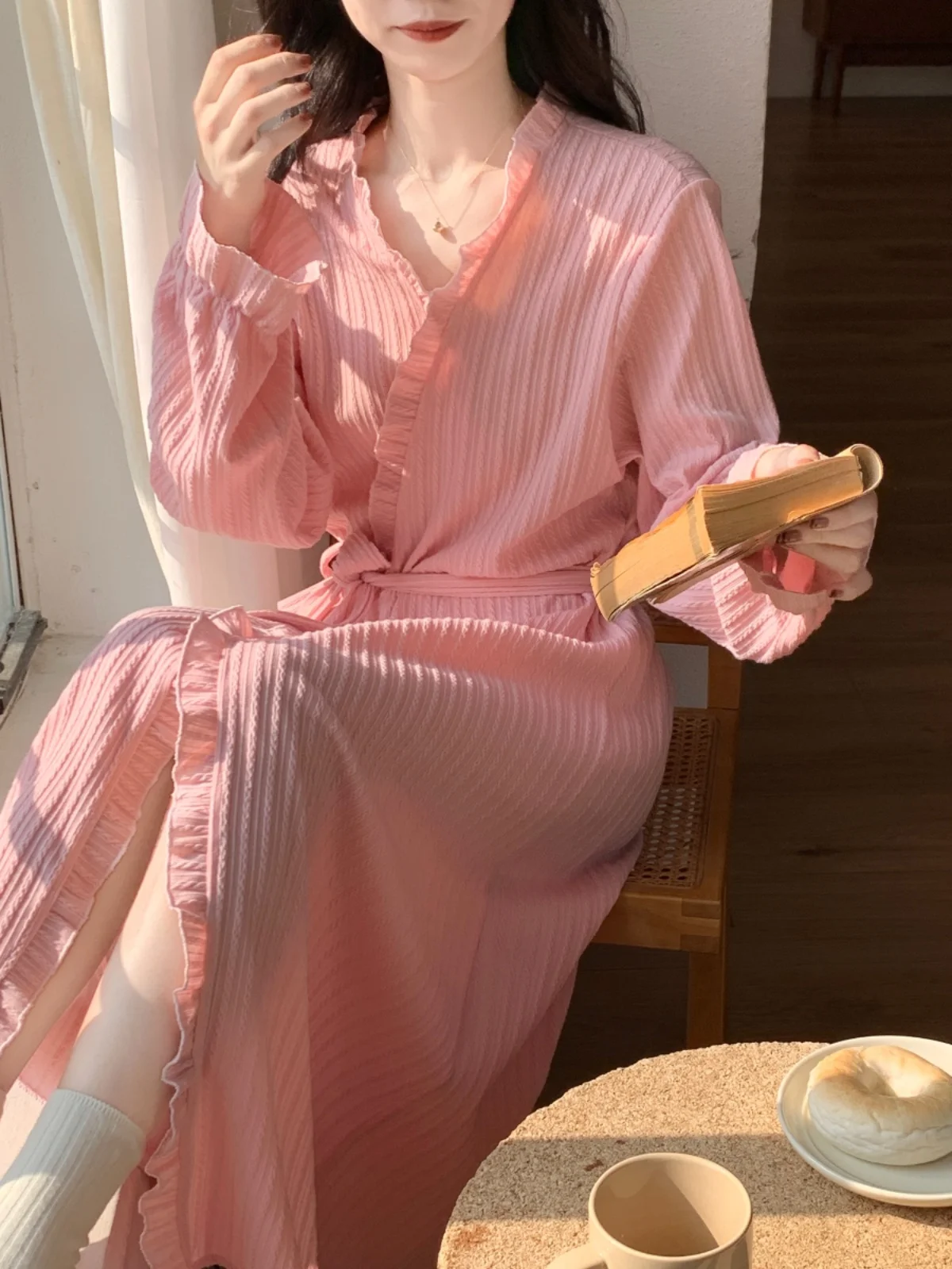 Nightgown Women Autumn and Winter Pure Cotton Sweet Lace-up Bathrobe Long Spring Summer Thin Morning Gowns Homew...