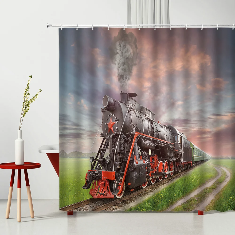 

Train Shower Curtains Steam Engine Bathroom Decor Home Bath Hot Sale Modern Waterproof Polyester Curtain Set Cheap