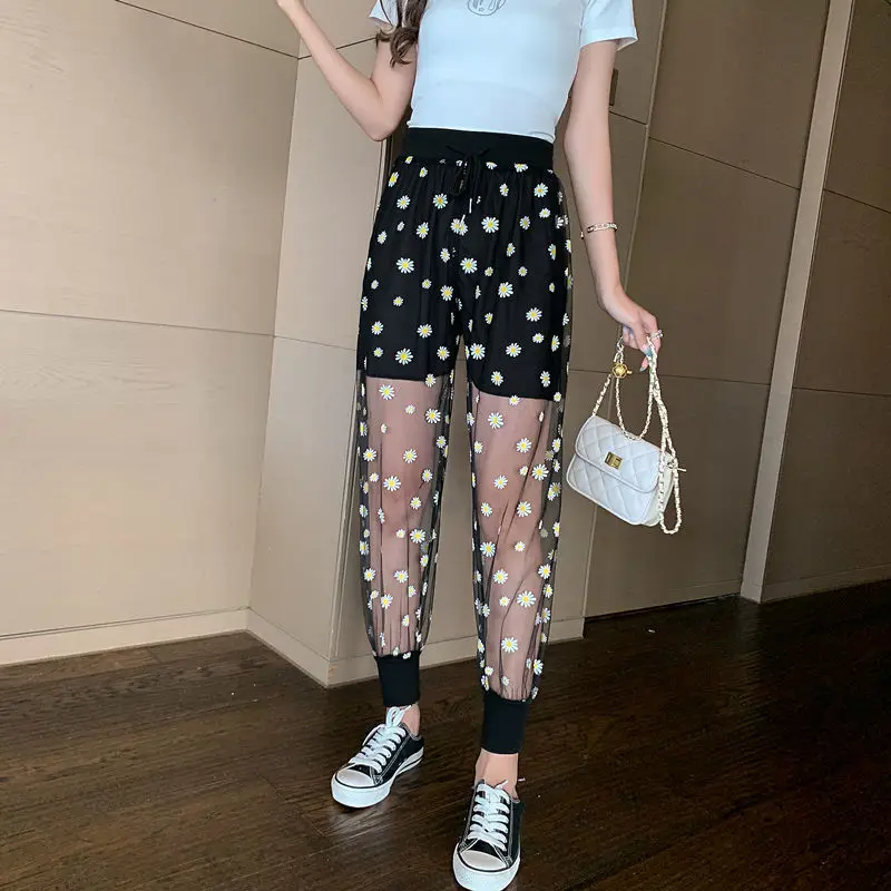 

Джоггеры женские, шаровары, модные шифоновые Лоскутные сетчатые прозрачные спортивные брюки, повседневные брюки до щиколотки с высокой тал...