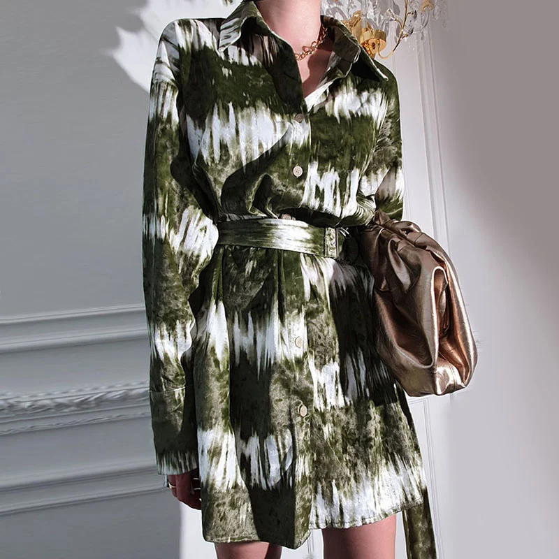 

Turn-down Collar Single-breasted Lace-up Ink Tie-dye Shirt Dress With Belt 2022 Summer Loose Ladies Green Clothing B802