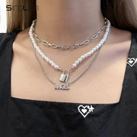 sindlan 3 layer punk silver color chain lock pendant necklace for women vintage pearl geometric set couple emo fashion jewelry