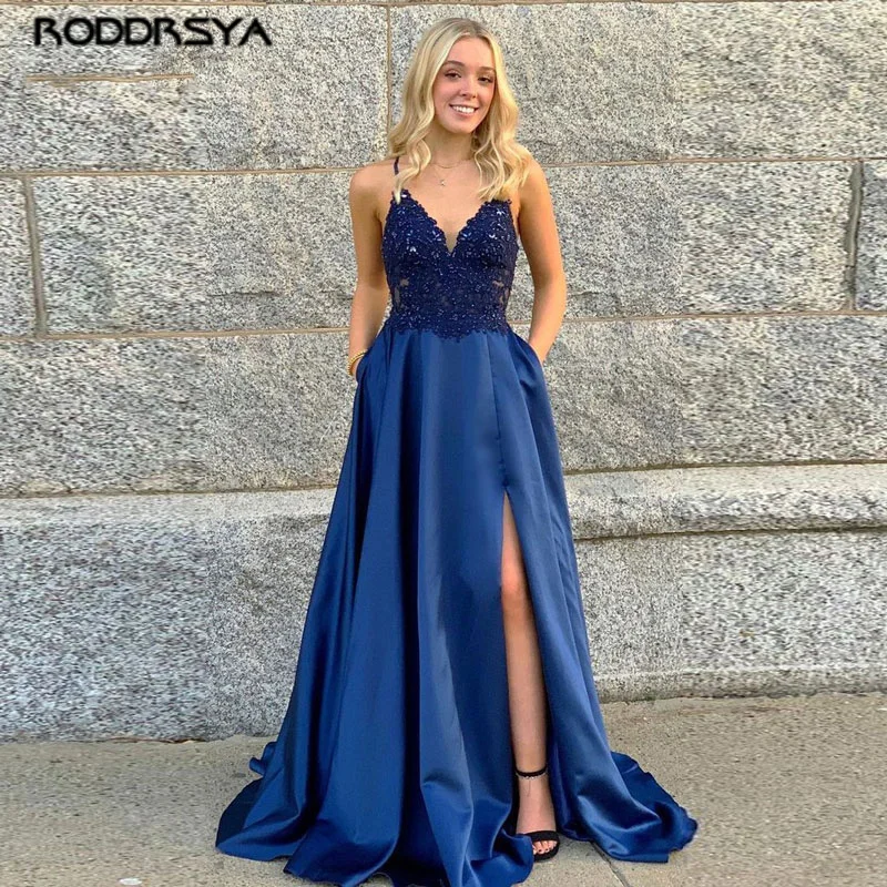 

2022 New Style Prom Dresses Lace Applique A-line Sexy Side Slit Evening Party Gowns Robe De Soiree вечерние платья Abito da sera