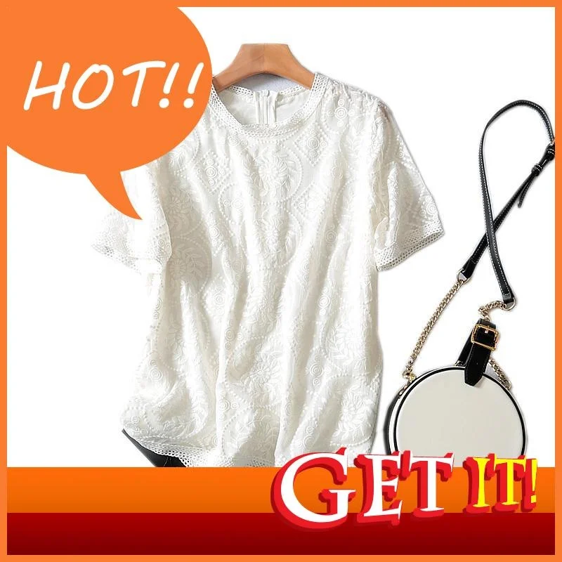 

T-shirt 2023 Women Summer Clothing Brand Womens Casual Lace Short Oversized T Shirt Lace Solid O-neck T-shirt For Women 5XL 6XL