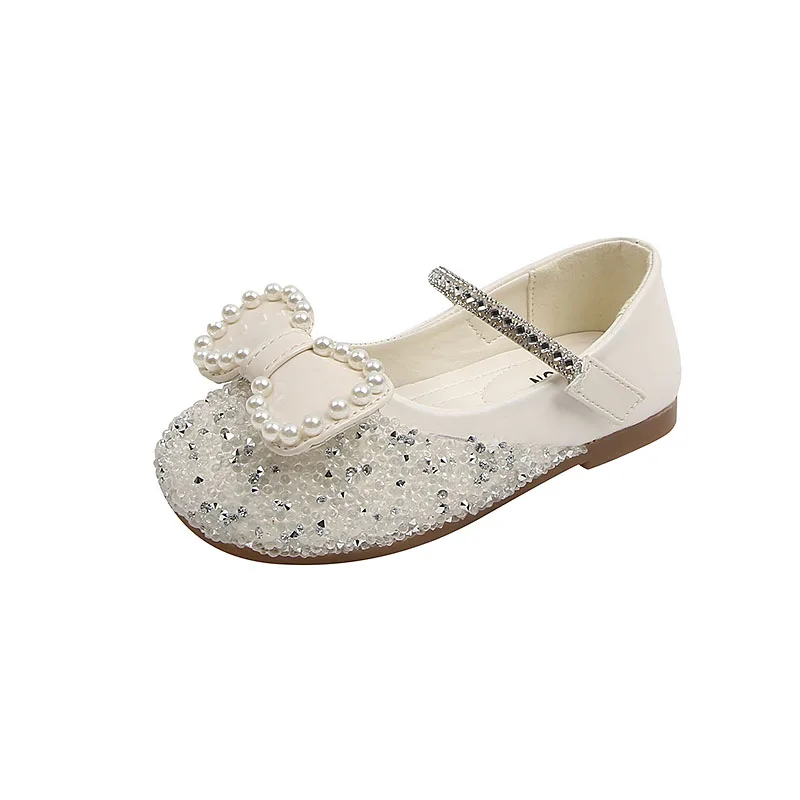 

Girls Leather Shoes 2022 Spring Children Rhinestone Bow Princess Shoes Four Seasons Kids Pearl Dress Shoes for Party Wedding