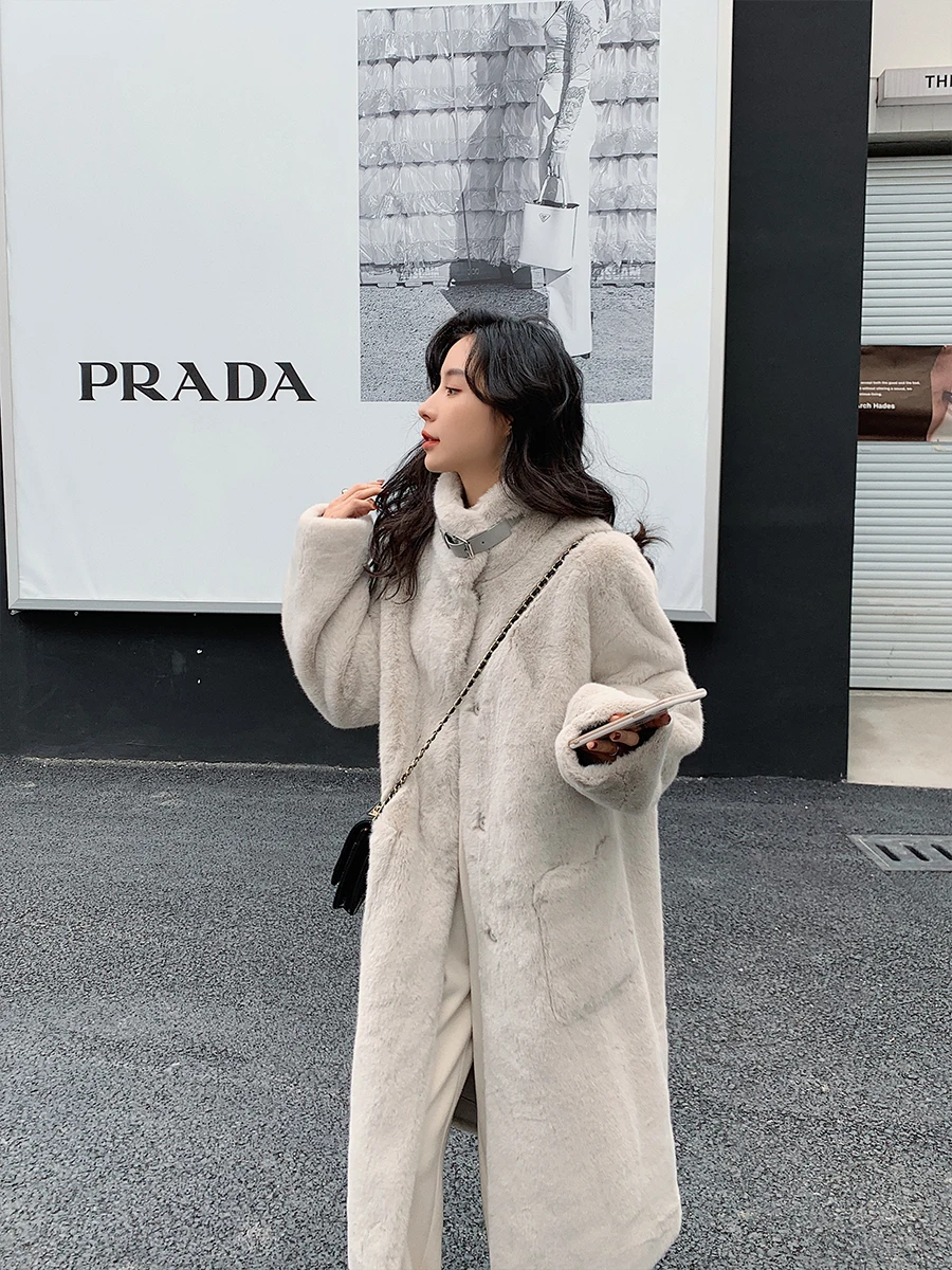 Eco-friendly Fur Coat Korean Style Women long Jacket Stand-up Collar Plush Fur Coat Thick Warm Faux Fur Jackets winter clothes