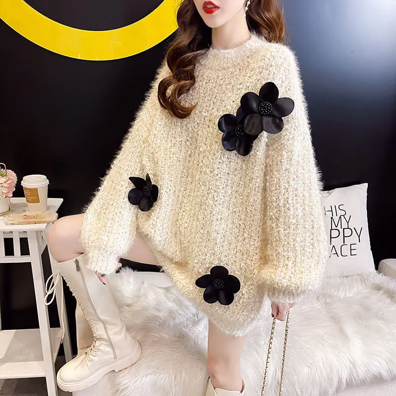 

2022 Spring Autumn Women New Long Sleeve Sweater Tops Female Round Neck Pullover Tops Ladies Loose 3D Flower Knitted Tops O327
