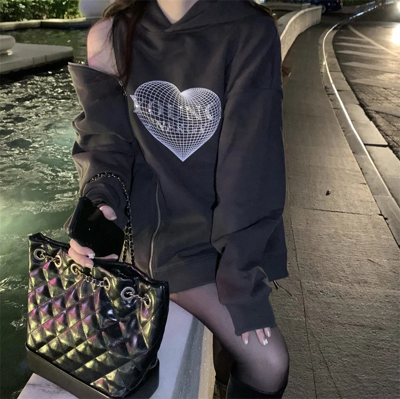 

6110 Loose and lazy style design sense super fire love zipper shoulder digging Sweatshirts women