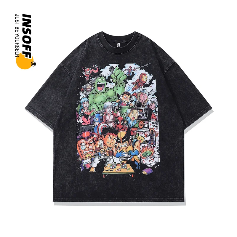 

Original Designer American Comic Cartoon Printed Graphic Quality Cotton Washed Y2k Style Oversized Streetwear Men‘s 2023 T-shirt