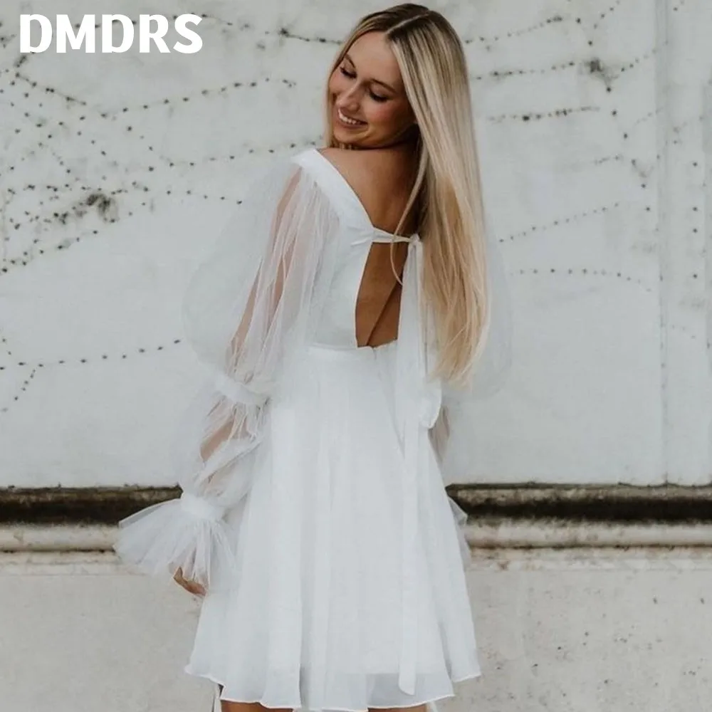 

Simple Wedding Dress For Women Bride Square Collar Tulle Full Puff Sleeve Wedding Gown Backless With Ribbon Customize