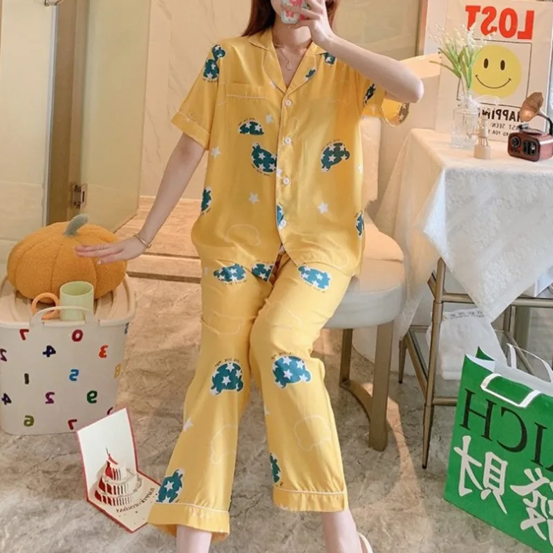 Ladies Pajamas Spring Autumn Long Sleeves Cotton Silk Short Sleeve Trousers Women Lounge Pajamas Set