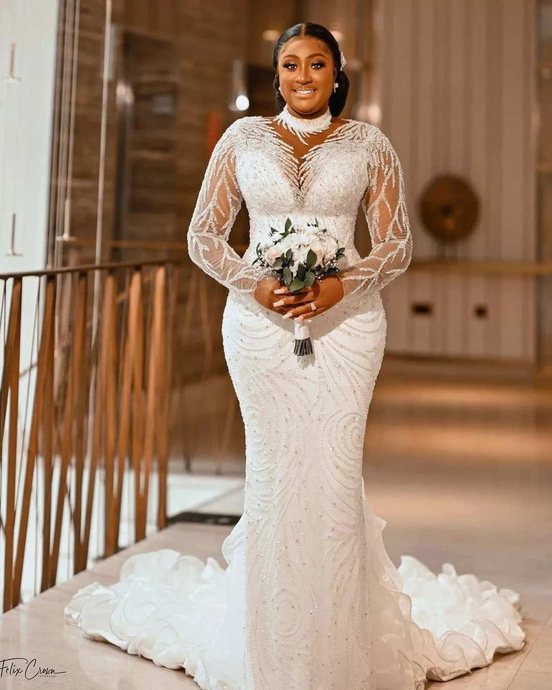 

Plus Size Mermaid 2022 Wedding Gowns Beaded Sequined High Neck Modest Bridal Gown Long Sleeve Robe de mariee 2023