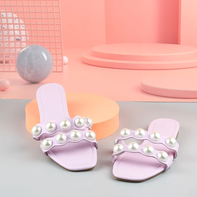 Women's Slippers 2022 European And American Fashion Pearl Sandals Comfortable Soft Bottom Square Toe Ladies Flat Slippers 36-42