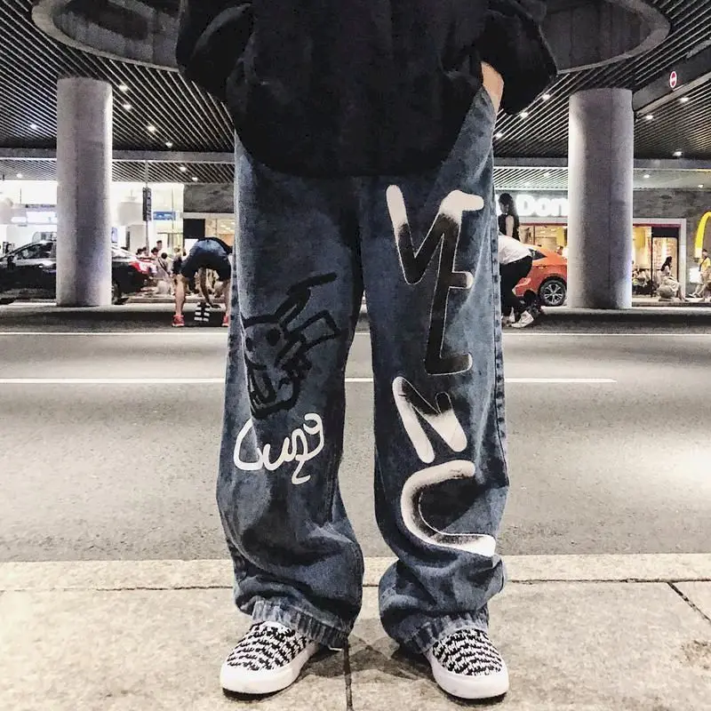 

Men's hip-hop trend street Korean jeans fashion loose high quality straight wide leg pants five-pointed star print casual pants