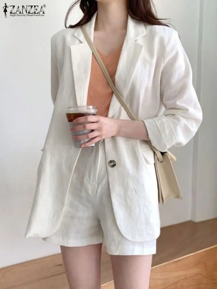 

Костюм ZANZEA женский летний офисный однотонный, блейзер с длинным рукавом и воротником с лацканами, короткие брюки, повседневная элегантная в...