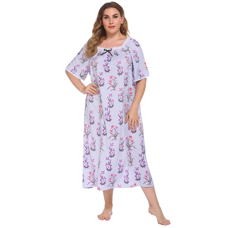 

Women Floral Printed Nightgowns Short-Sleeve Dressing Square Collar Nighty Sleepshirt Plus Size Nightdress Summer